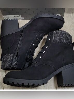 Sun + Stone Black Lace-Up Chunky Heel Ankle Boots
